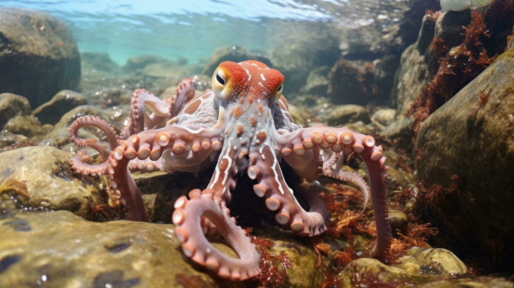 Elusive octopus camouflaged in the rocks and seaweed photo