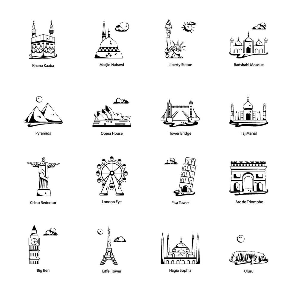 Pack of Worlds Famous Landmarks Glyph Icons vector