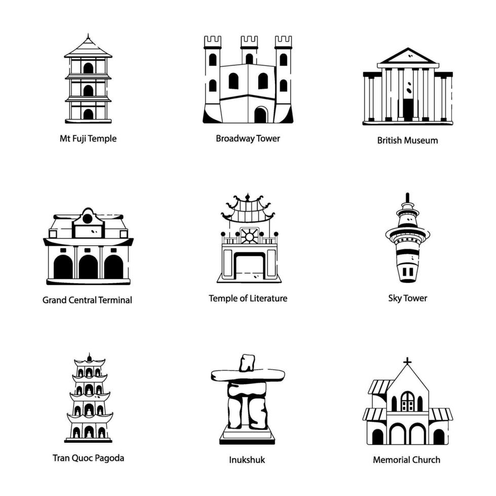 Pack of Landmarks Glyph Icons vector