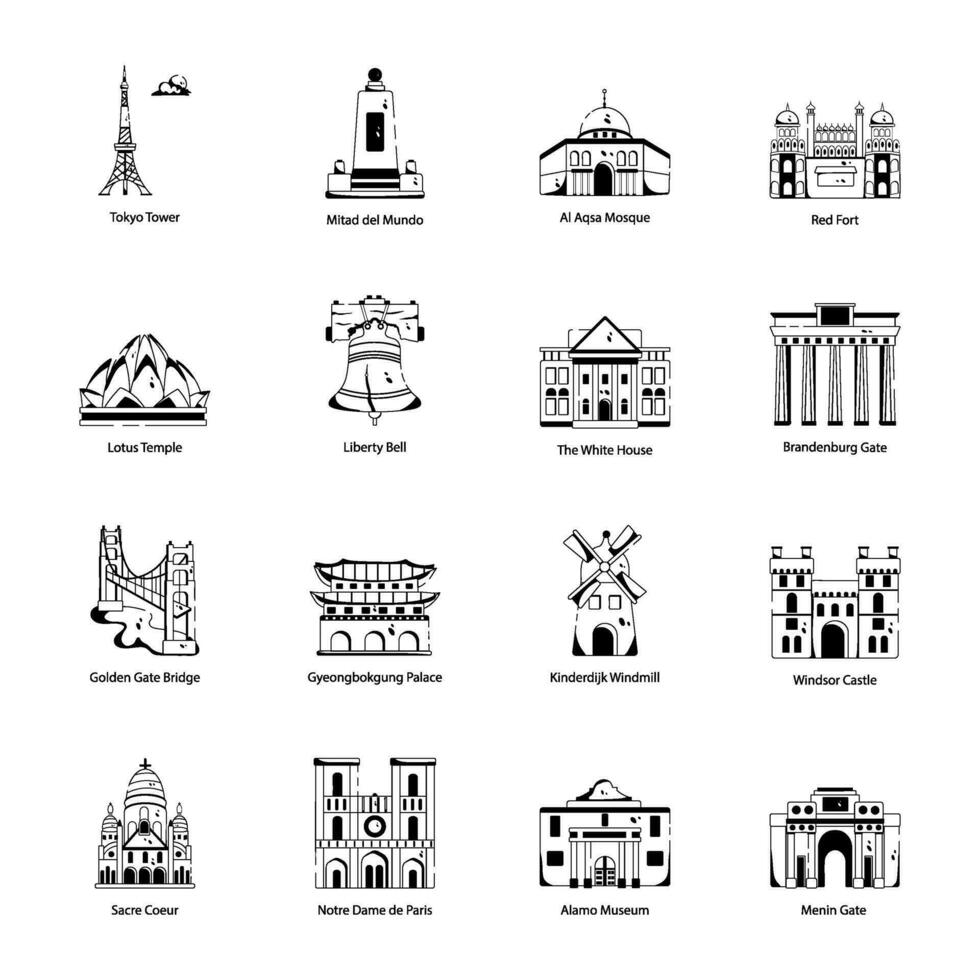 colección de famoso monumentos glifo íconos vector