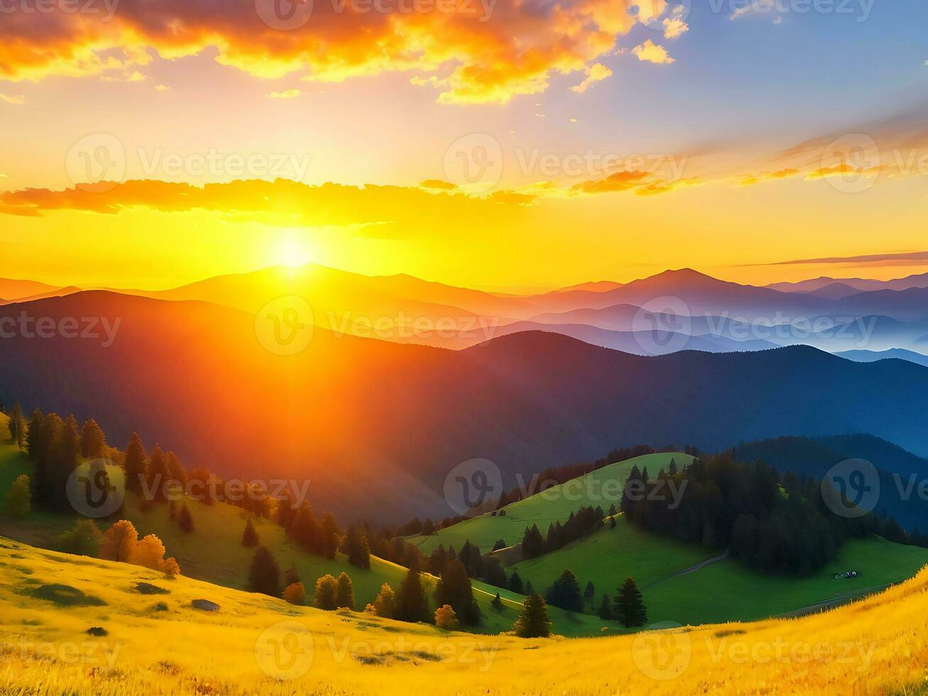 Beautiful golden sunset in the mountains panorama lake landscape with Blue sky fluffy clouds, AI image photo