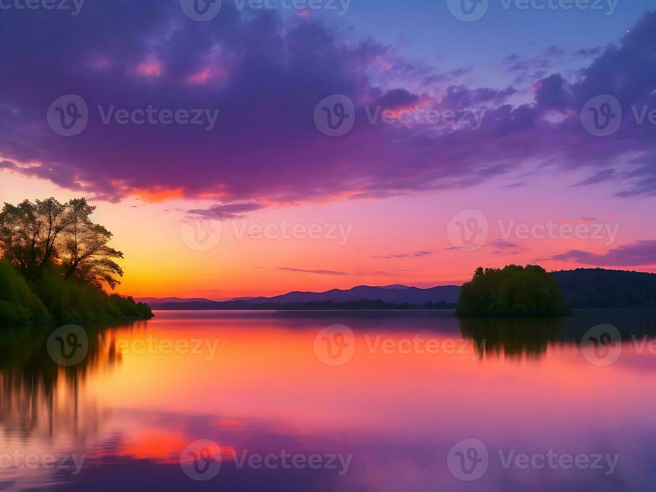Beautiful golden sunset in the mountains panorama lake landscape with Blue sky fluffy clouds, AI image photo