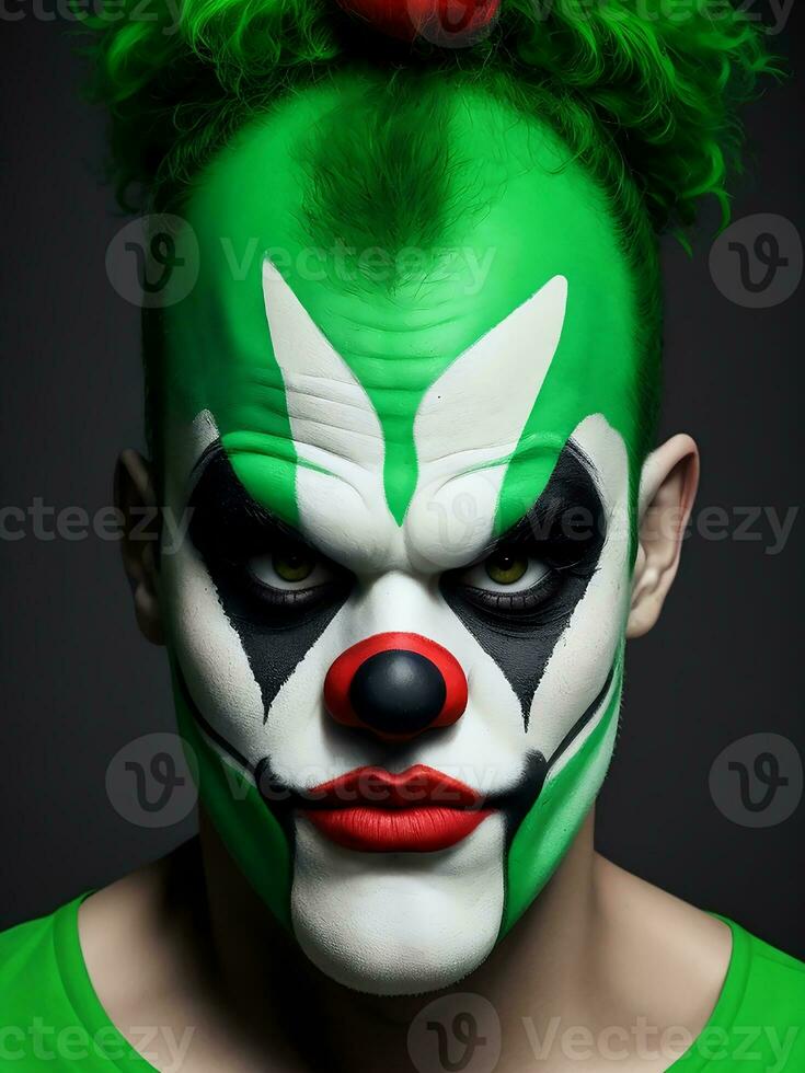 Mime man red, yellow, green, pink, blue and colorful paint face sporty fan clown circus portrait art, AI generated photo