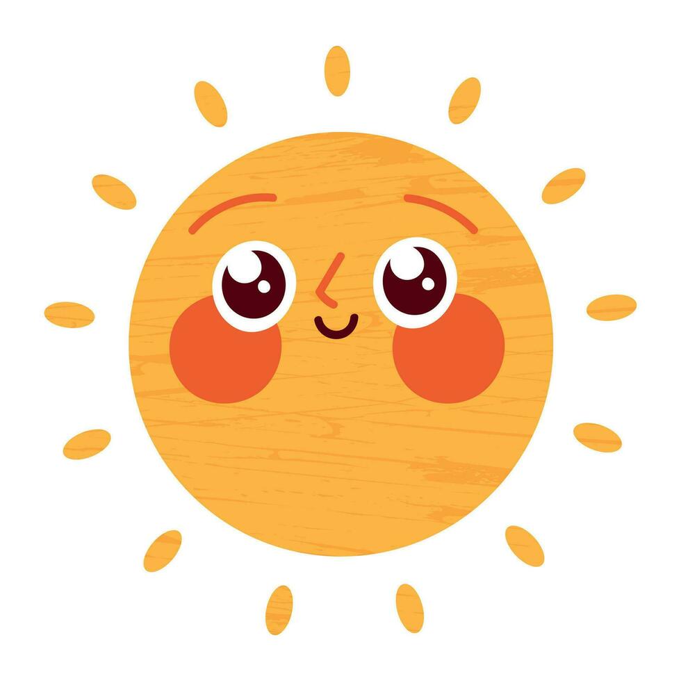 Sun character in cute style, face with a sticker. Sunshine with a smile for kids, doodled in a happy and fun way. Flat vector illustrations isolated in background.