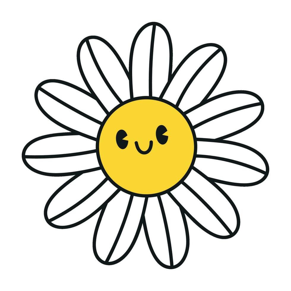 Groovy daisy flowers face collection. Retro chamomile smiles in cartoon style. Happy stickers set from 70s. Vector graphic illustration