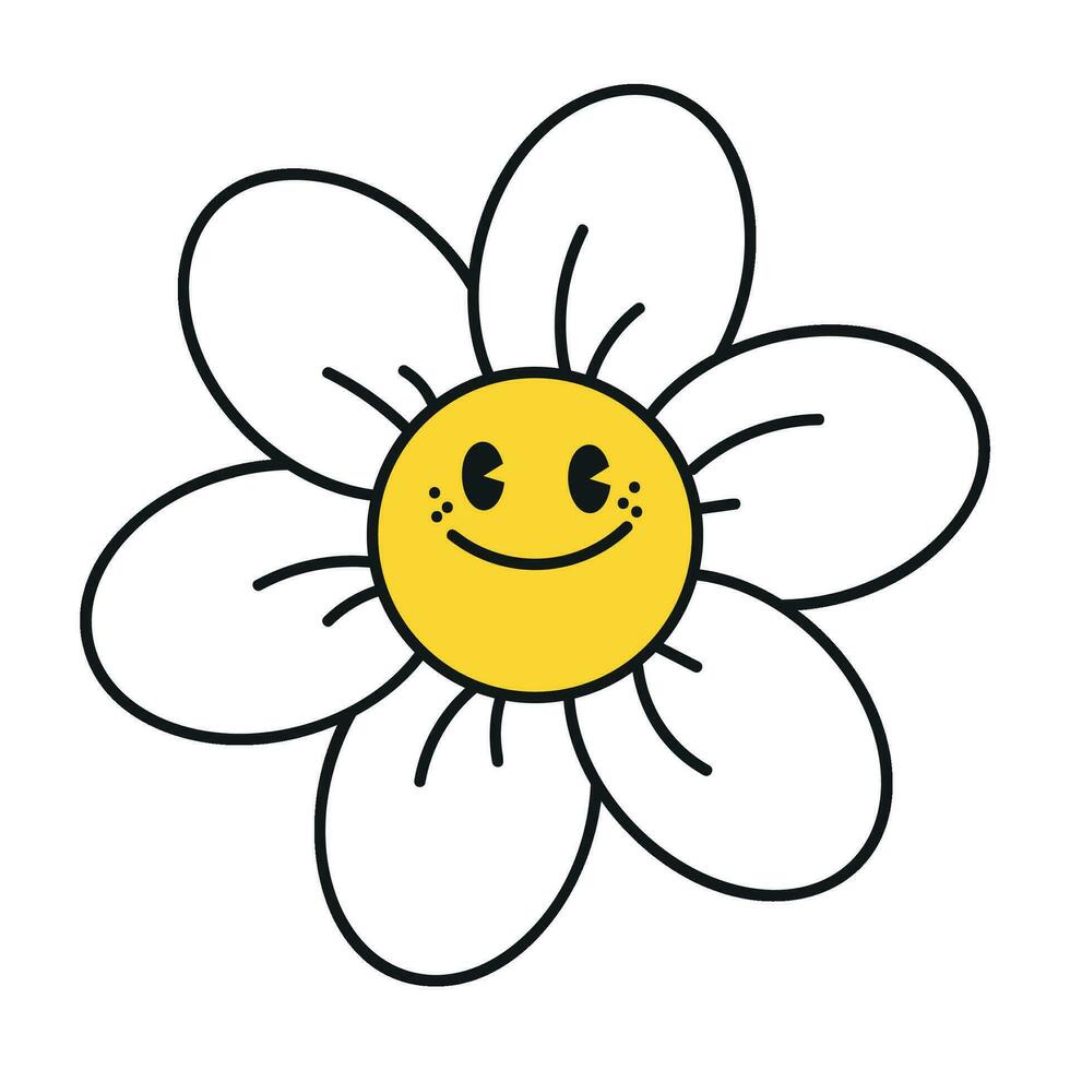 Groovy daisy flowers face collection. Retro chamomile smiles in cartoon style. Happy stickers set from 70s. Vector graphic illustration