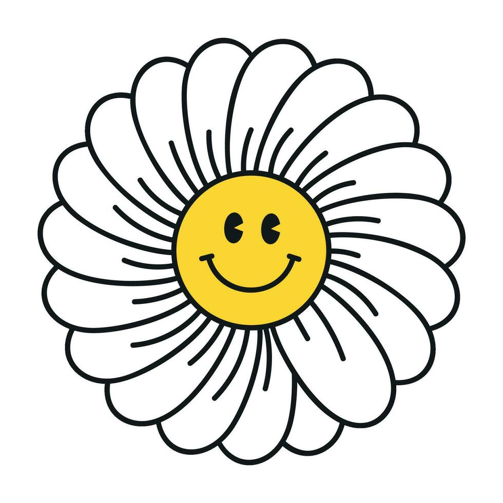 Groovy daisy flowers face collection. Retro chamomile smiles in cartoon style. Happy stickers set from 70s. Vector graphic illustration