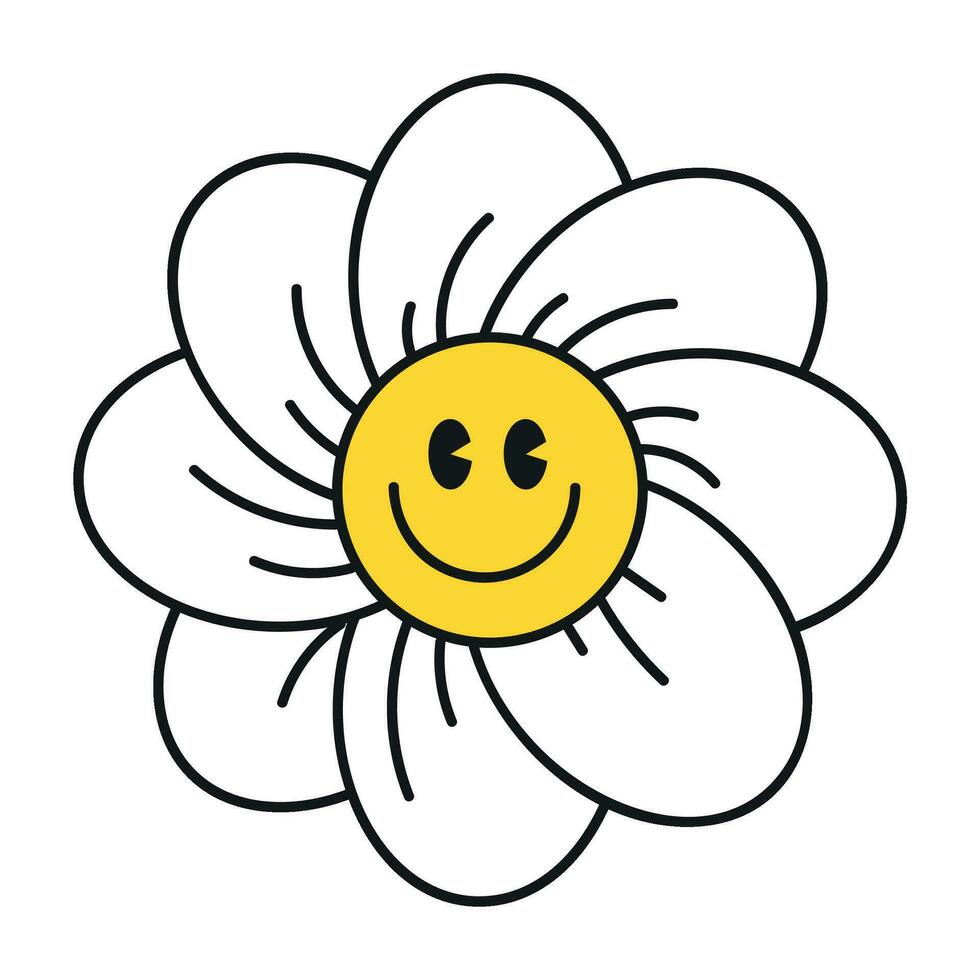 Groovy daisy flowers face collection. Retro chamomile smiles in cartoon style. Happy stickers set from 70s. Vector graphic illustration