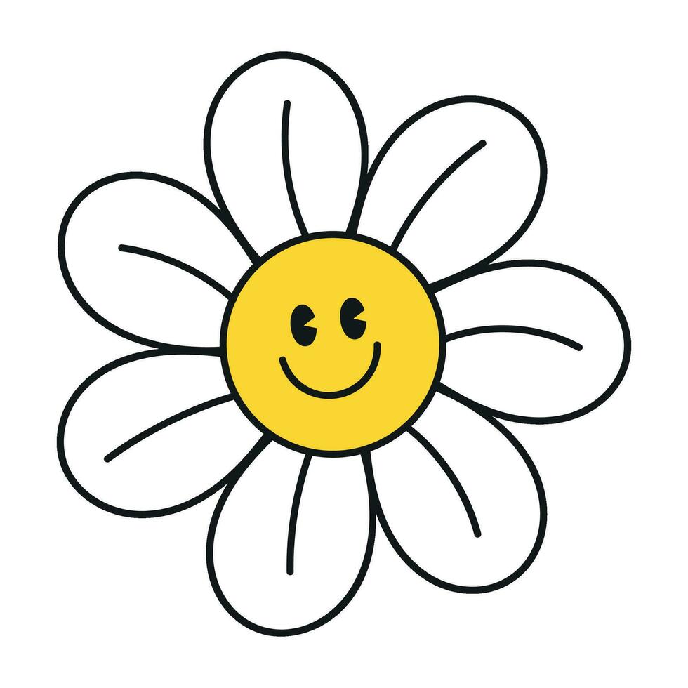 Groovy daisy flowers face collection. Retro chamomile smiles in cartoon style. Happy stickers set from 70s. Vector graphic illustration