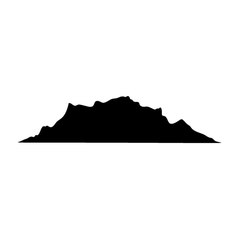 Mountain icon with snowy range silhouette. Alps, hill, black rock and white landscape, icy mount. Flat vector illustrations isolated in background.
