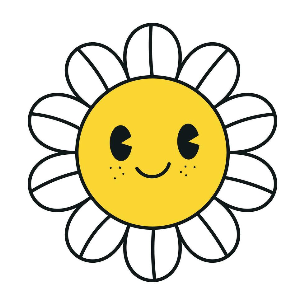 Groovy daisy flowers face collection. Retro chamomile smiles in cartoon style. Happy stickers set from 70s. Vector graphic illustration