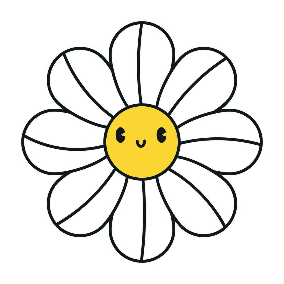 Groovy daisy flowers face collection. Retro chamomile smiles in cartoon style. Happy stickers set from 70s. Vector graphic illustration