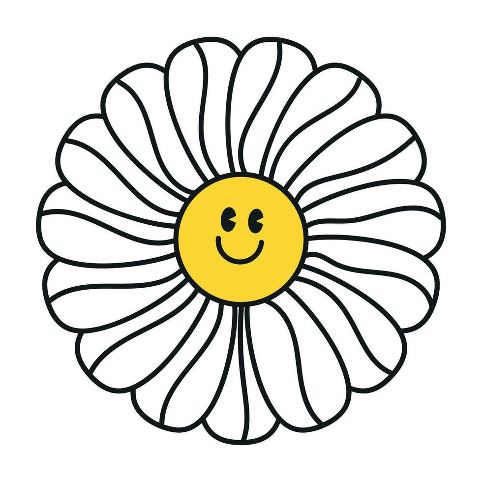 Groovy daisy flowers face collection. Retro chamomile smiles in cartoon style. Happy stickers set from 70s. Vector graphic illustration