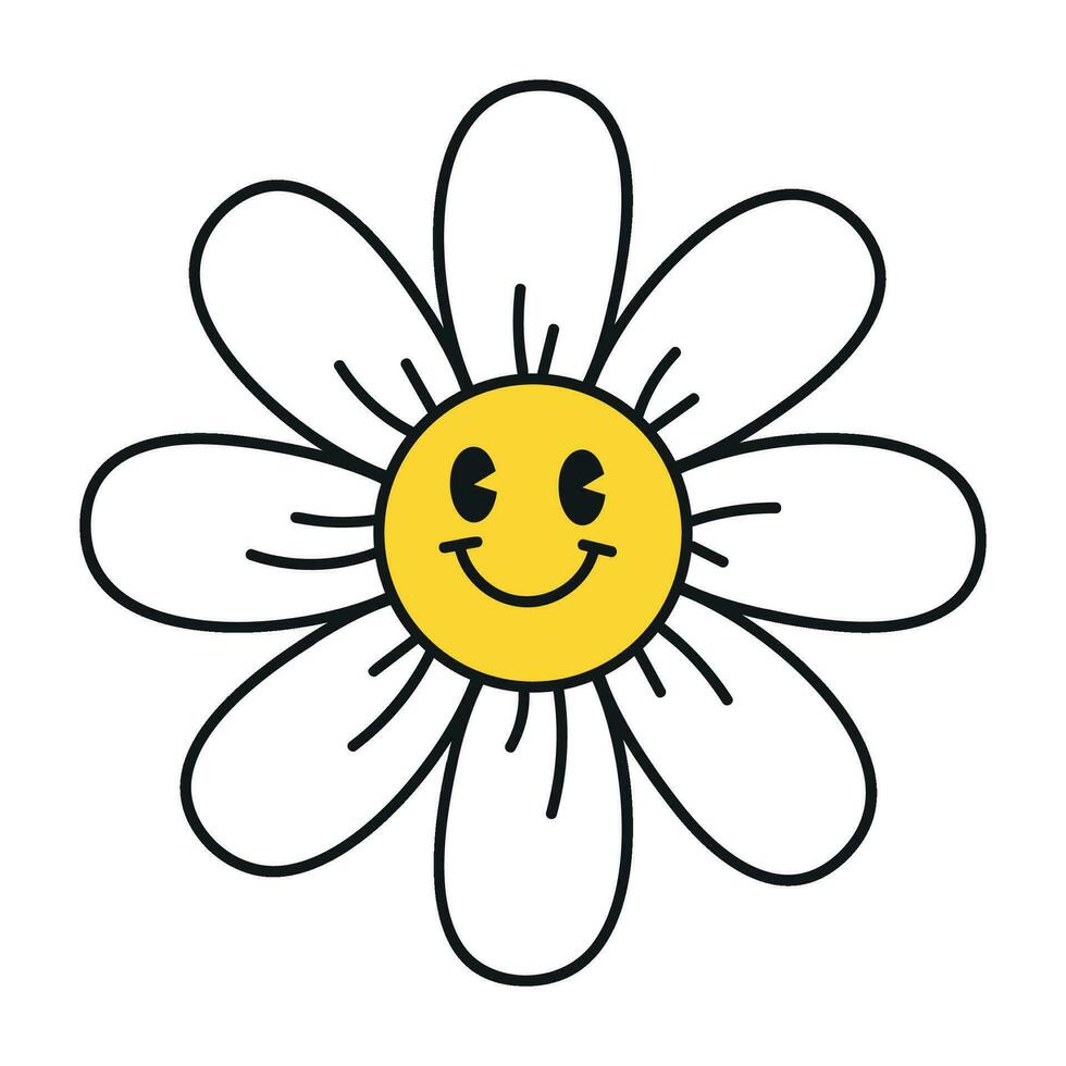 Groovy daisy flowers face collection. Retro chamomile smiles in cartoon style. Happy stickers set from 70s. Vector graphic illustration