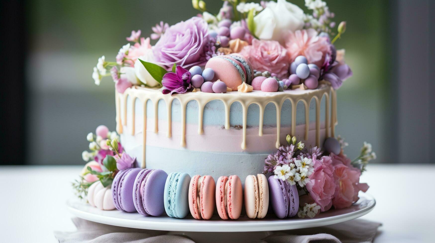 pastel arco iris pastel con macarons y flores foto