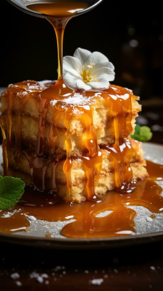 Gooey caramel cake drizzled with caramel sauce and sea salt photo