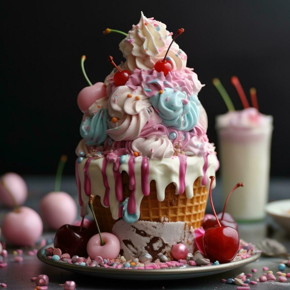 Playful ice cream cone cake with sprinkles and cherrie photo