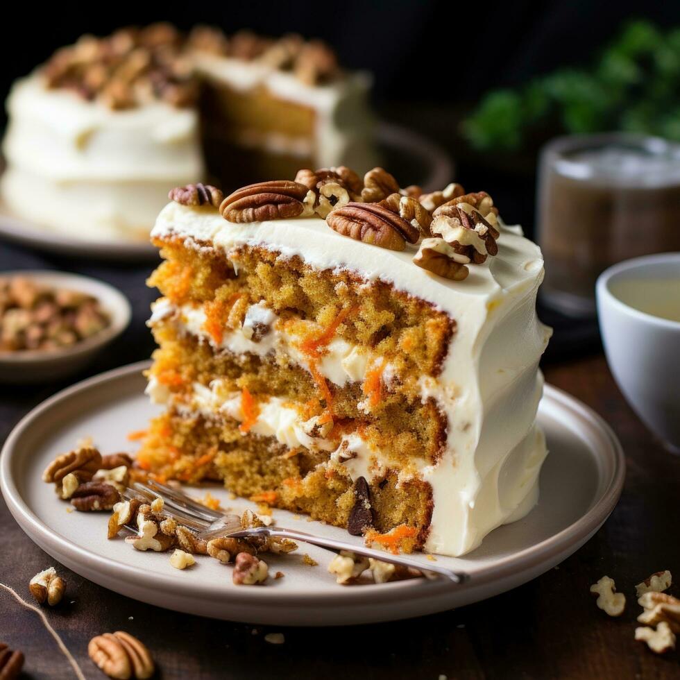 Moist carrot cake with cream cheese frosting and chopped pecans photo