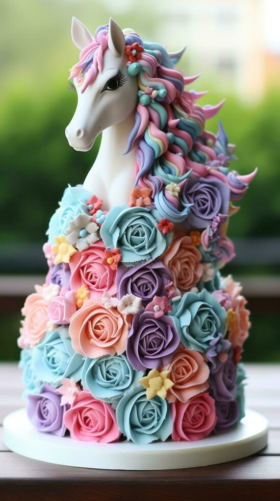 Whimsical unicorn cake with rainbow layers photo