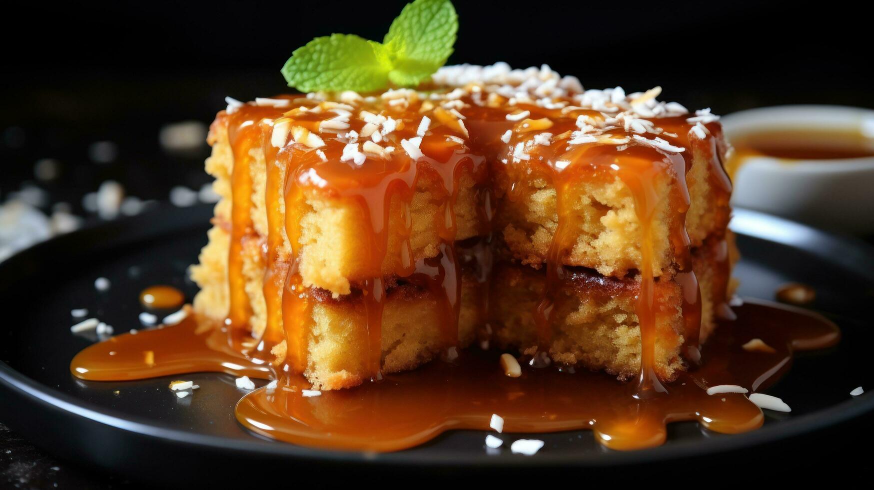 Gooey caramel cake drizzled with caramel sauce and sea salt photo