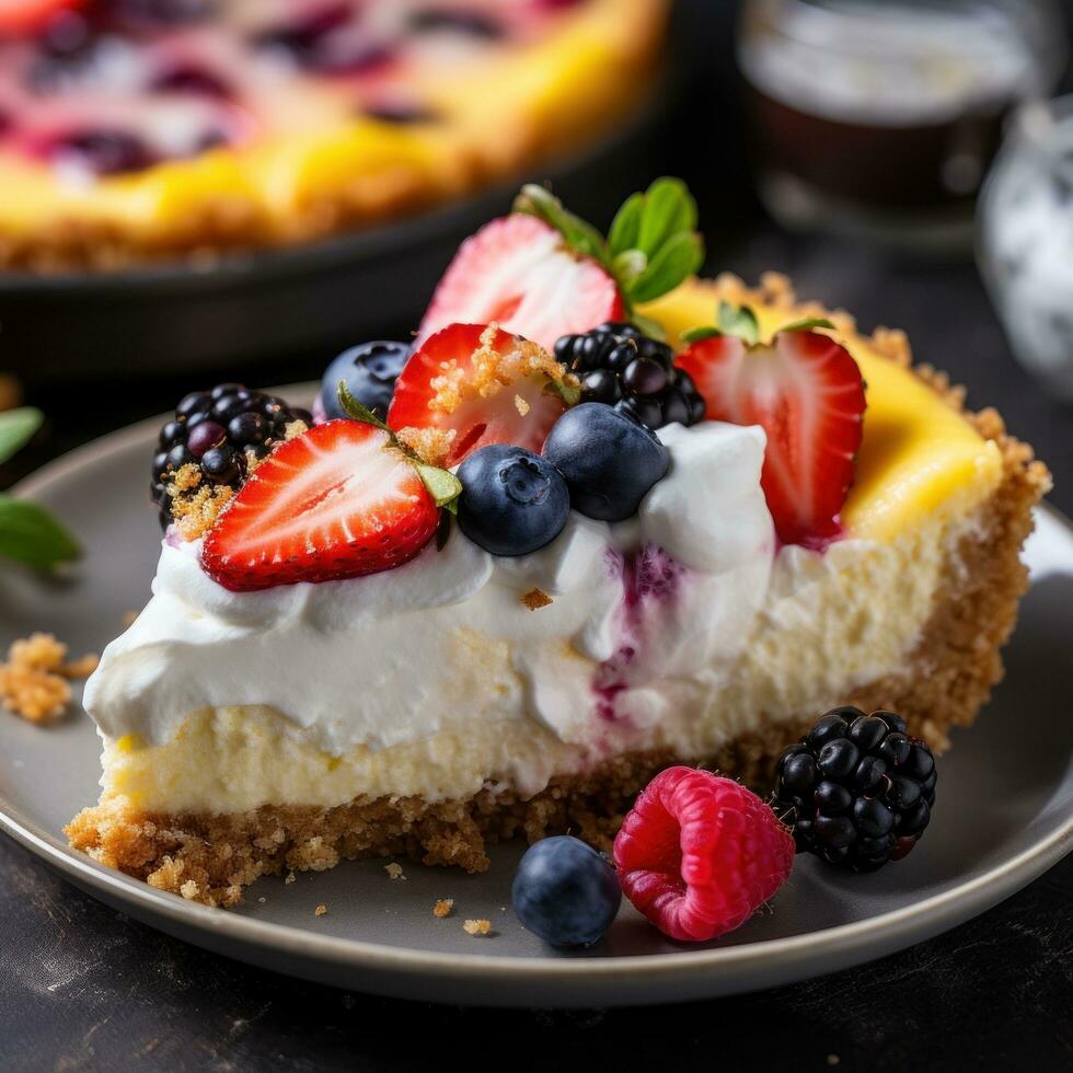 Rich and creamy cheesecake with graham cracker crust and fruit topping photo