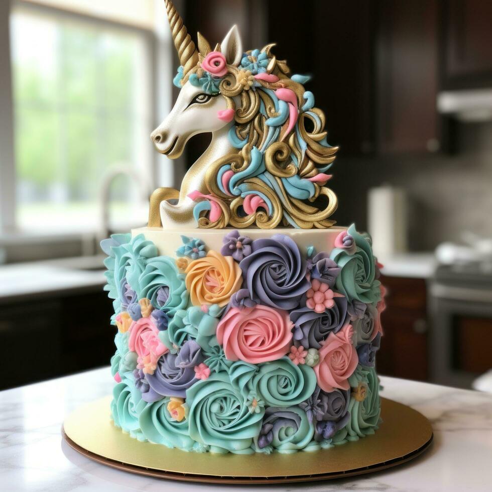 Whimsical unicorn cake with rainbow layers photo