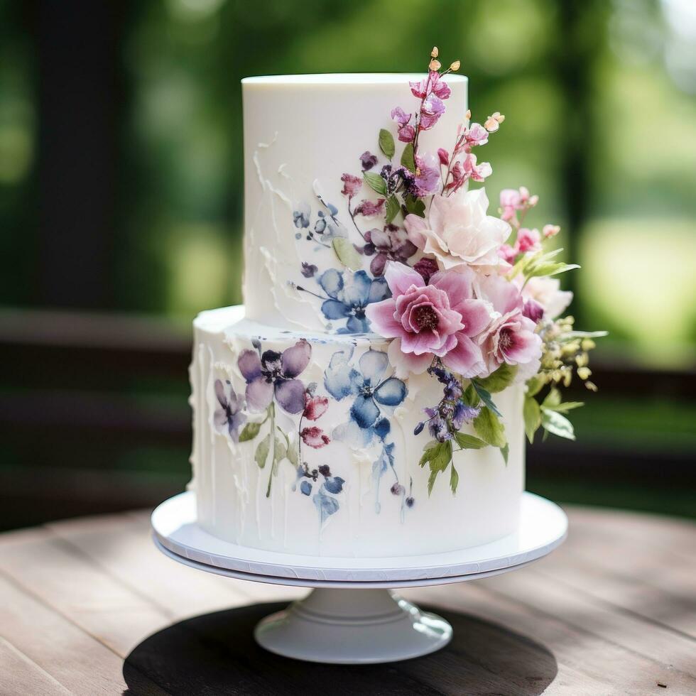 Simple white cake with watercolor florals photo
