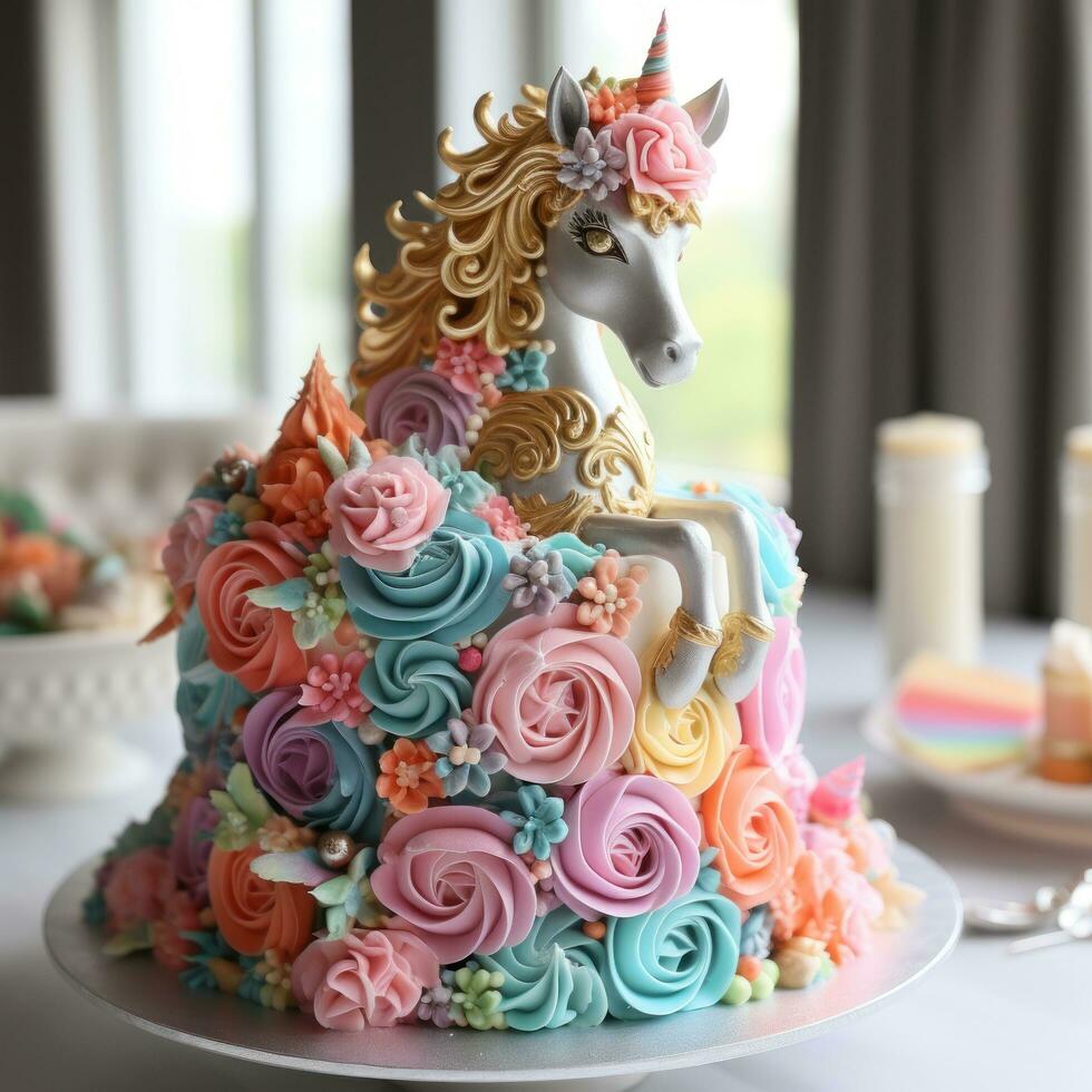 Whimsical unicorn cake with rainbow layers photo
