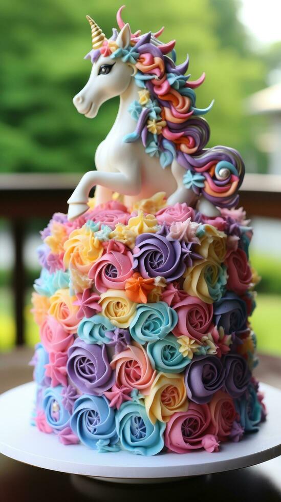 Whimsical unicorn cake with rainbow layers photo
