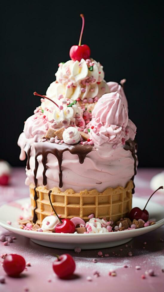 Playful ice cream cone cake with sprinkles and cherrie photo