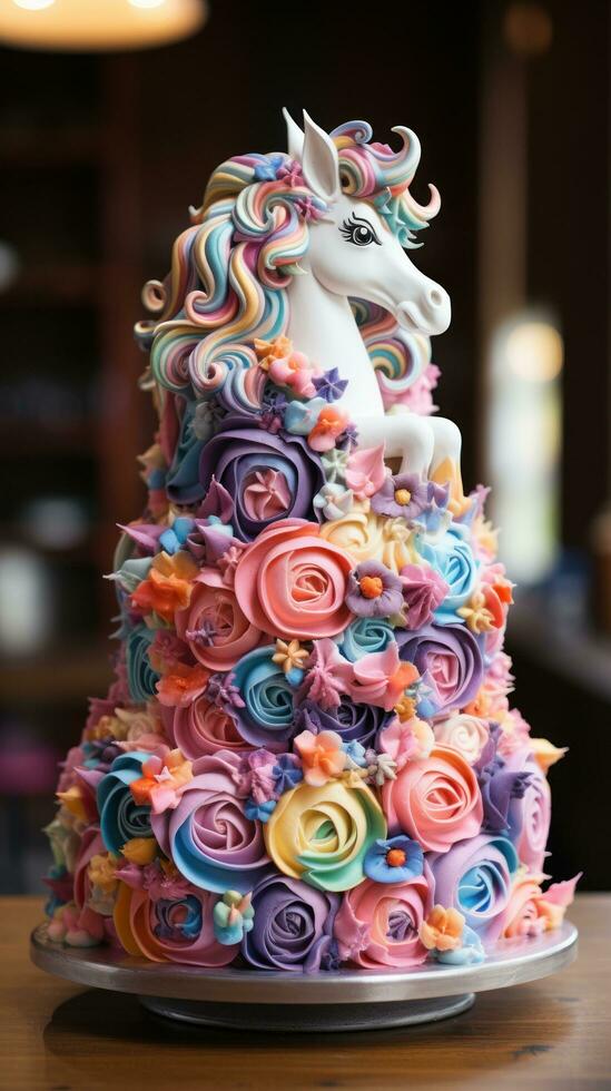 Whimsical unicorn cake with rainbow layers photo