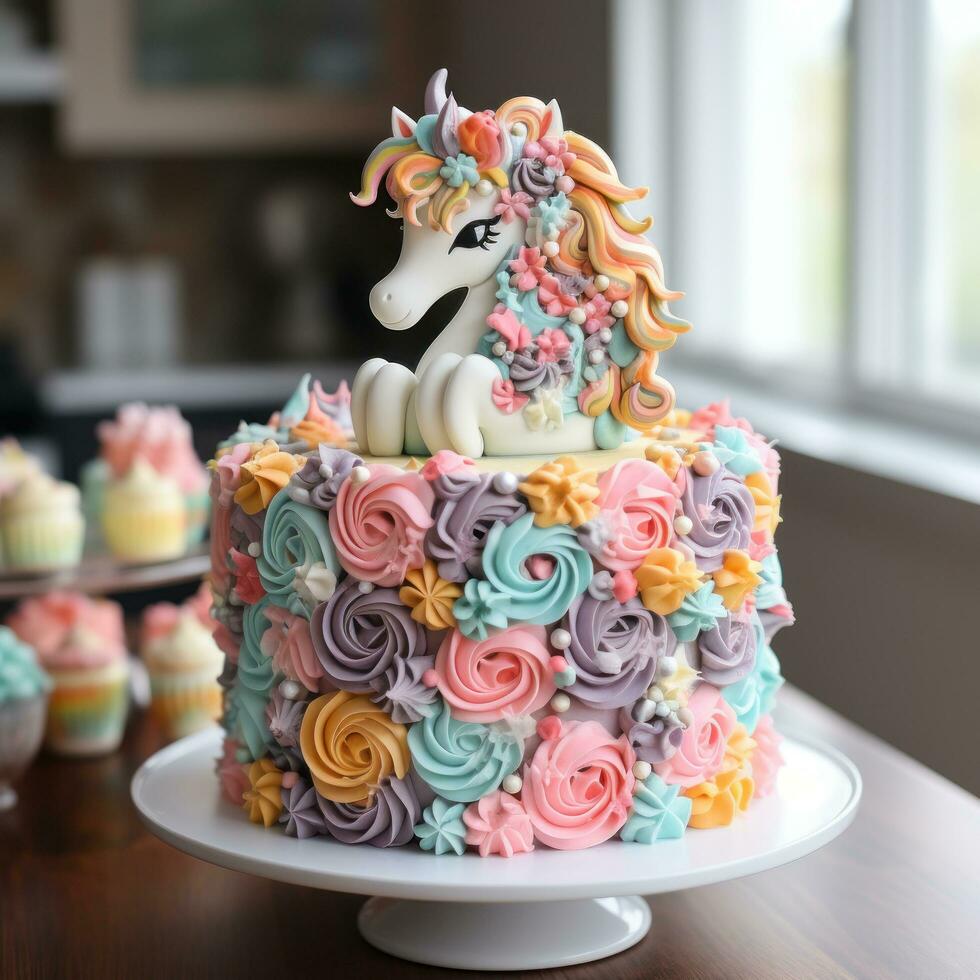 Whimsical unicorn cake with rainbow layers photo