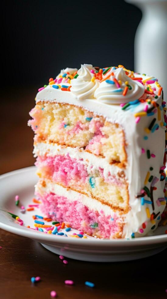Colorful funfetti cake topped with vanilla buttercream and sprinkles photo