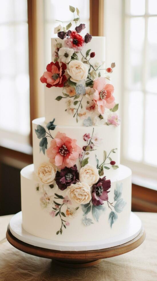 Simple white cake with watercolor florals photo