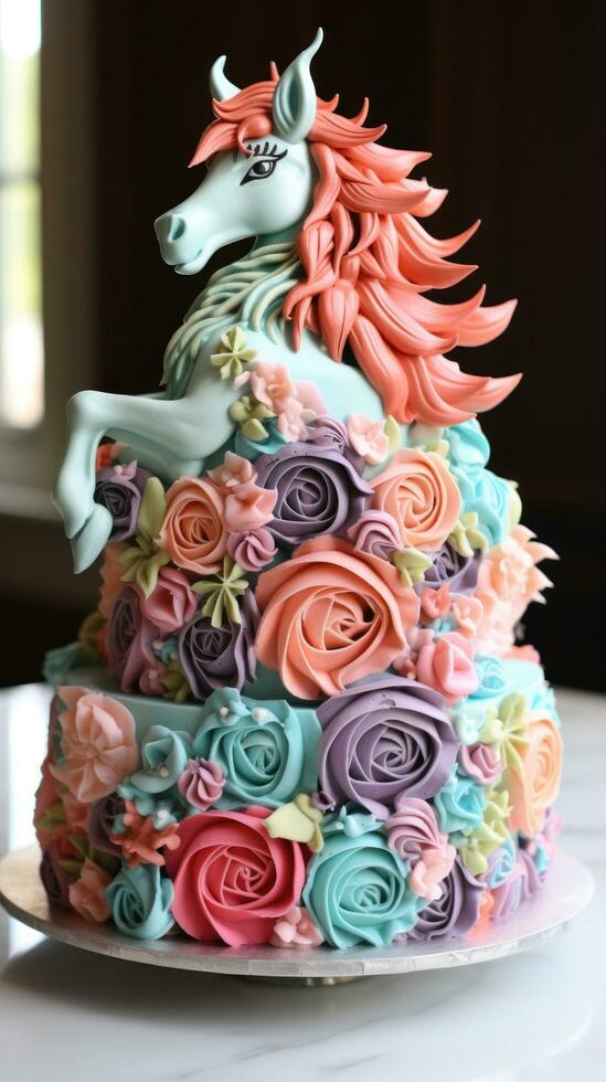 Whimsical unicorn cake with rainbow layers photo