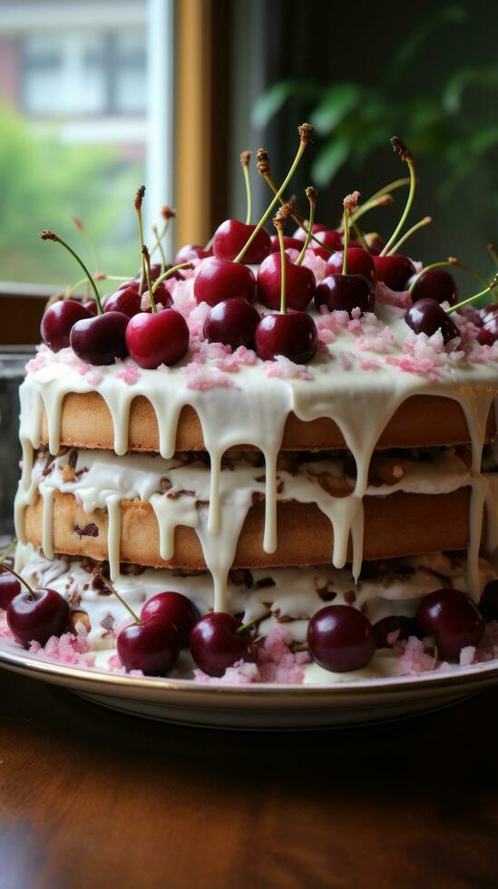 Funfetti cake with drip icing and cherries photo