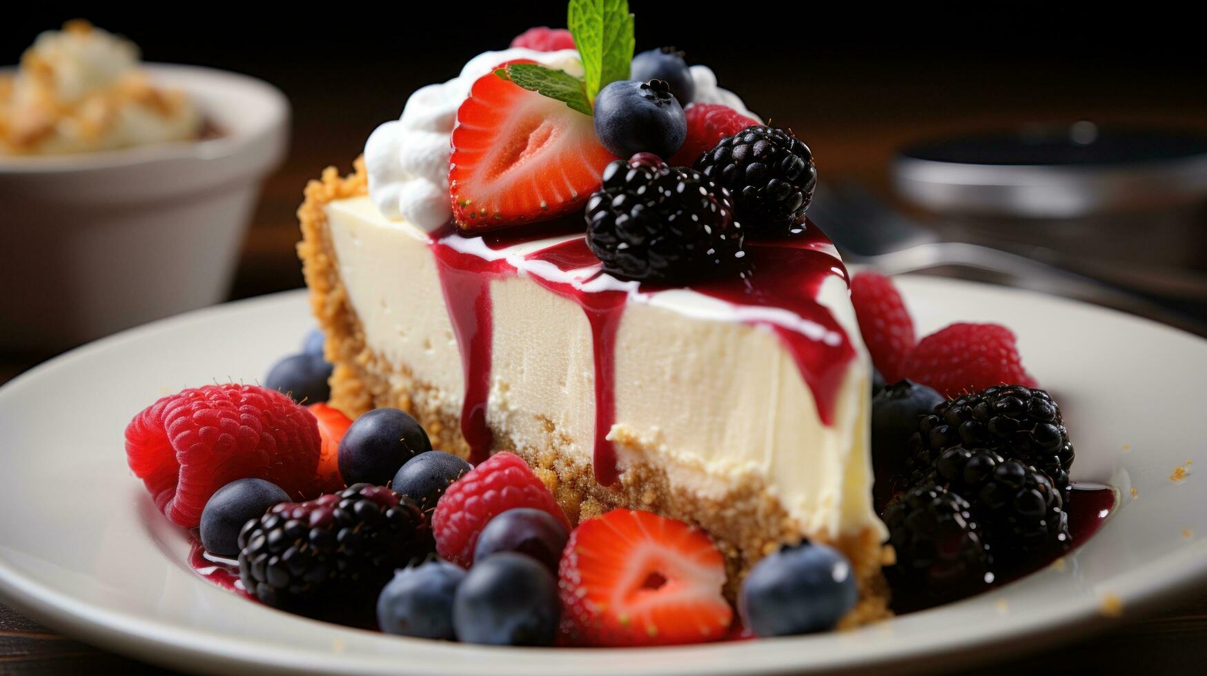 Rich and creamy cheesecake with graham cracker crust and fruit topping photo