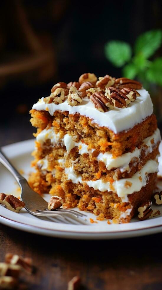Moist carrot cake with cream cheese frosting and chopped pecans photo