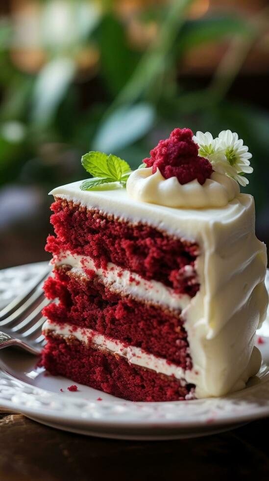 Classic red velvet cake with fluffy cream cheese icing photo