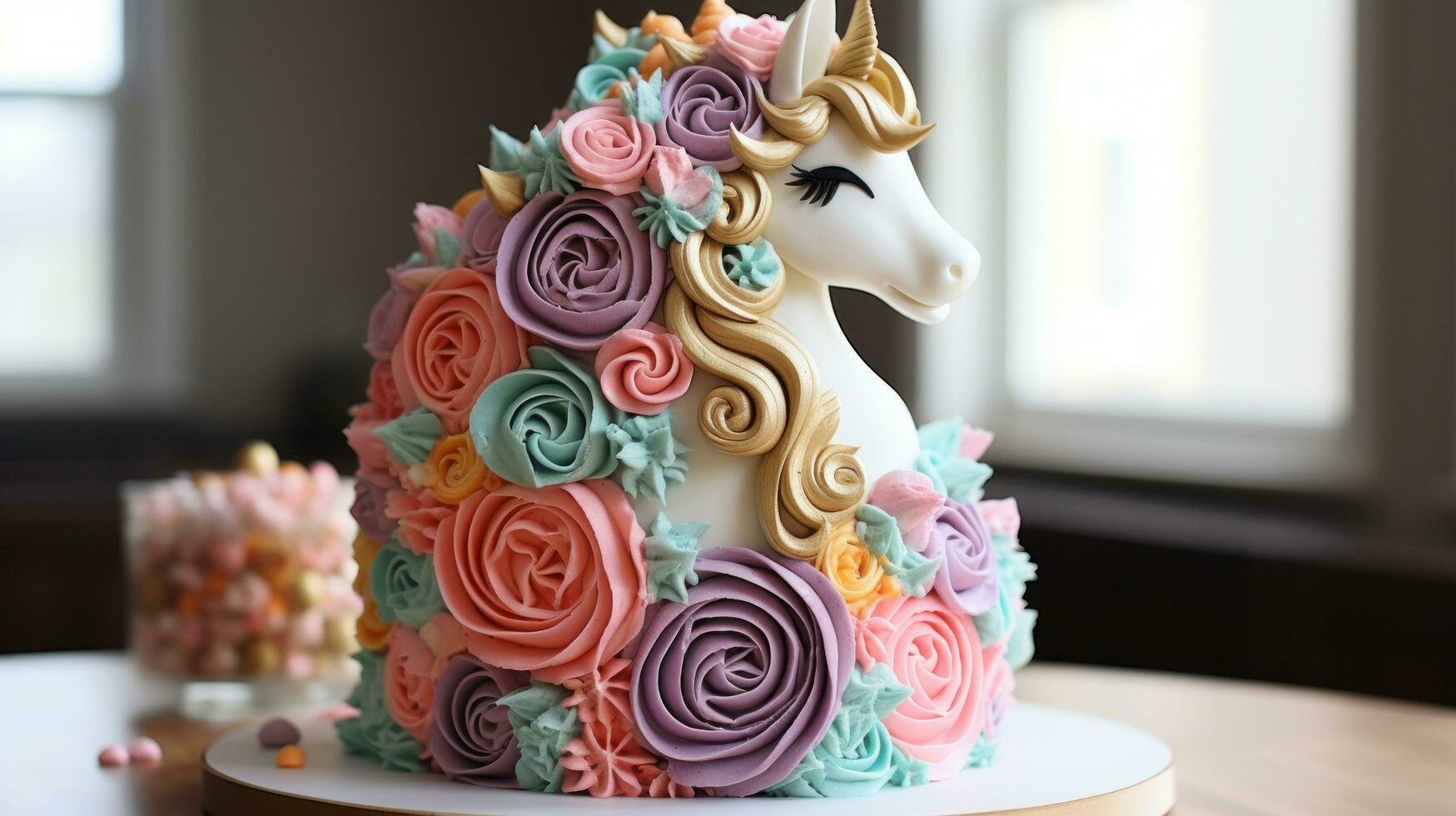 Whimsical unicorn cake with rainbow layers photo