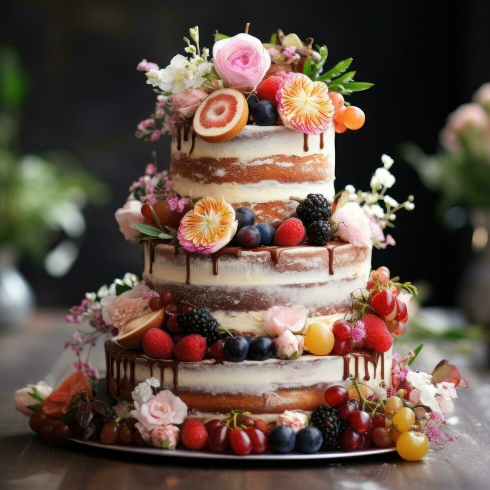 Rustic cake with fresh fruit and flowers photo