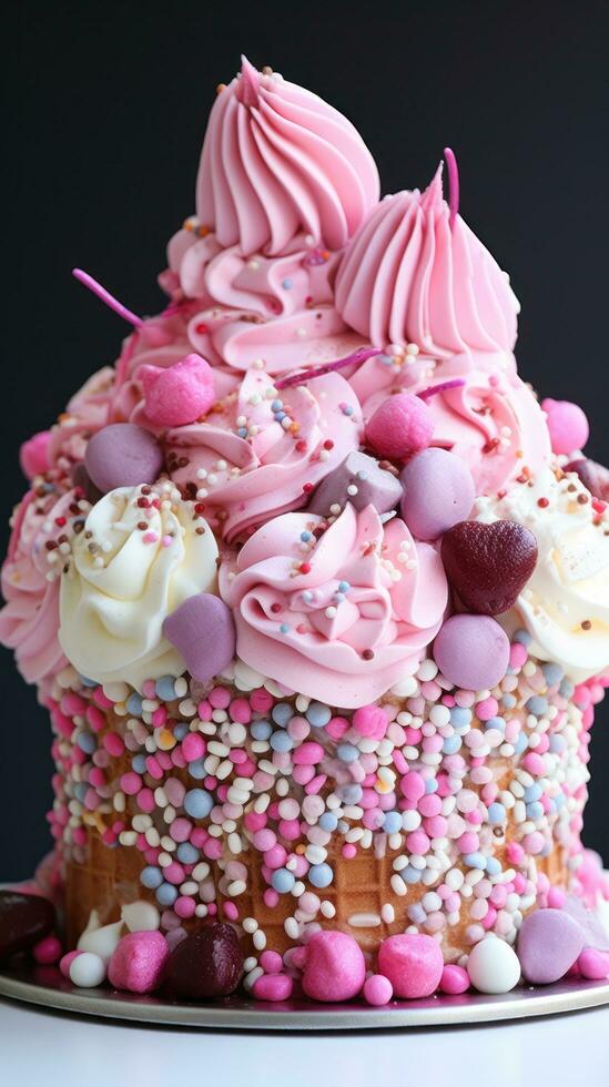 Playful ice cream cone cake with sprinkles and cherrie photo