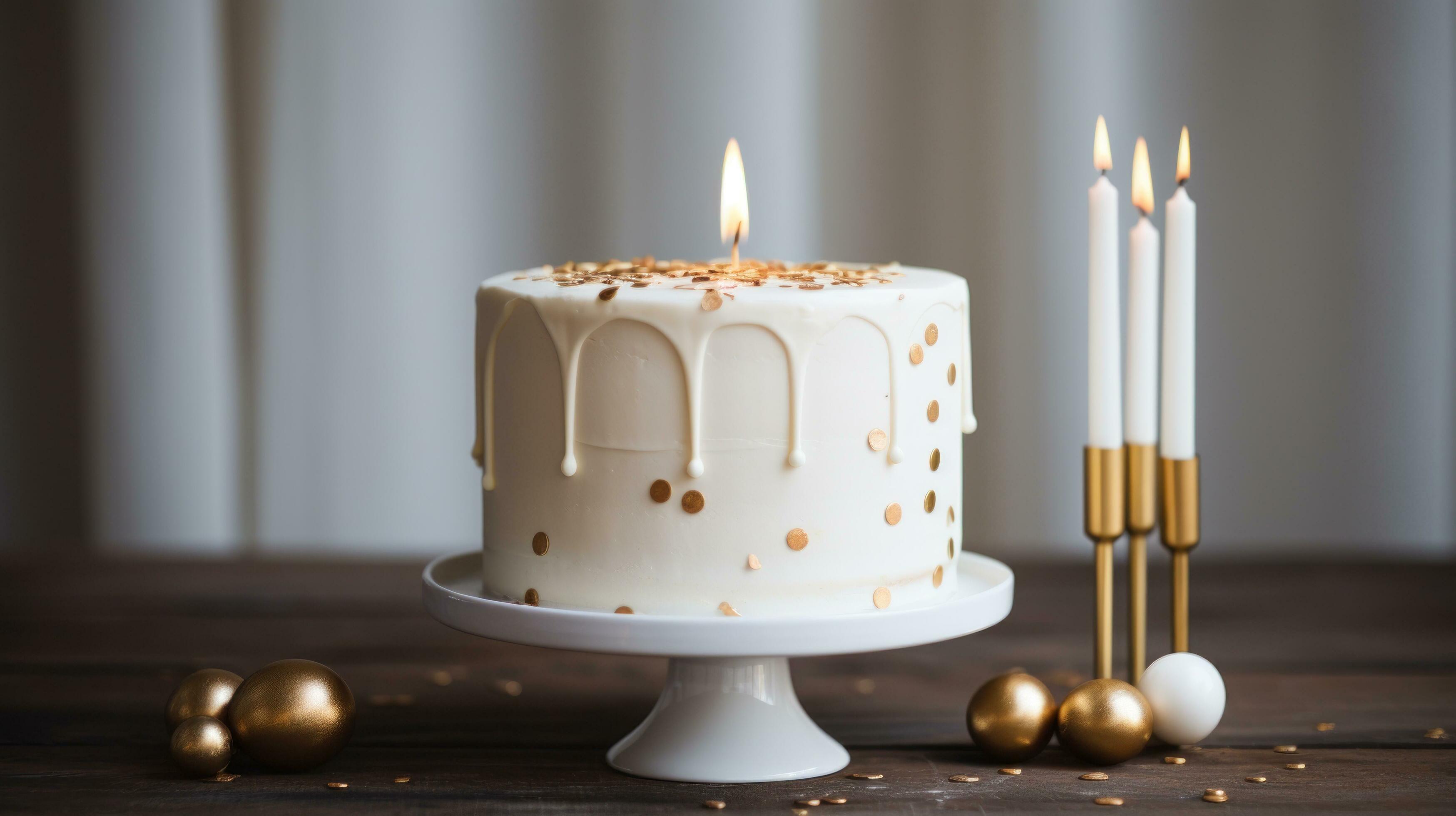 Minimalist white cake with gold happy birthday topper 29848476 Stock