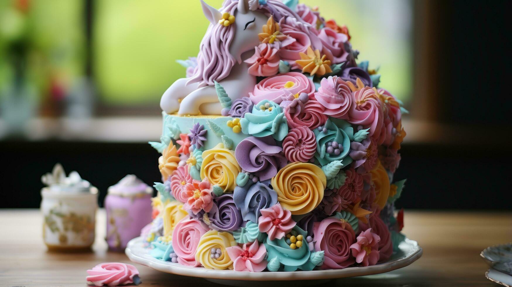 Whimsical unicorn cake with rainbow layers photo