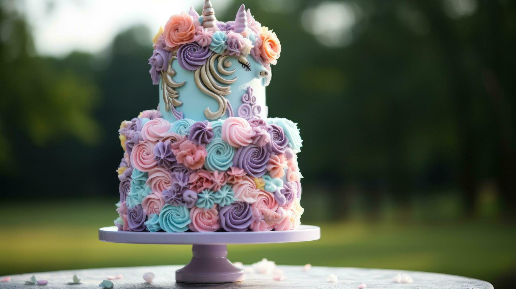 Whimsical unicorn cake with rainbow layers photo