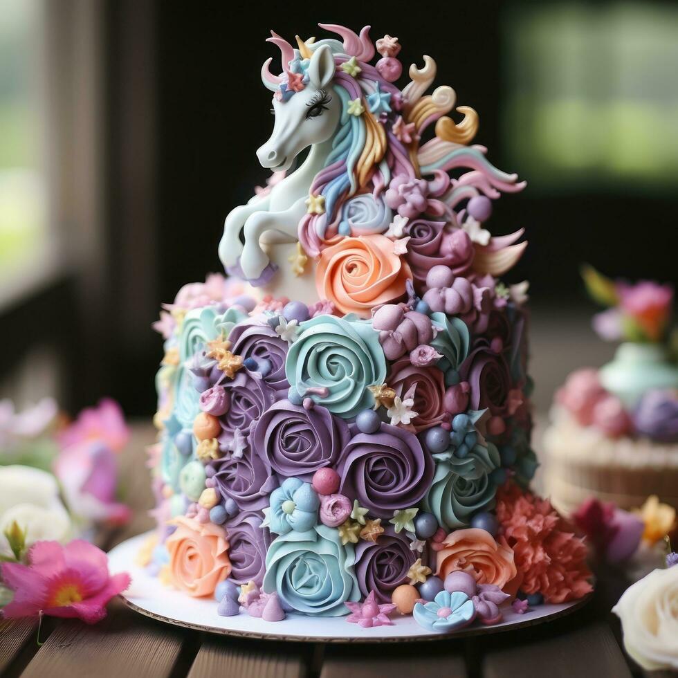 Whimsical unicorn cake with rainbow layers photo