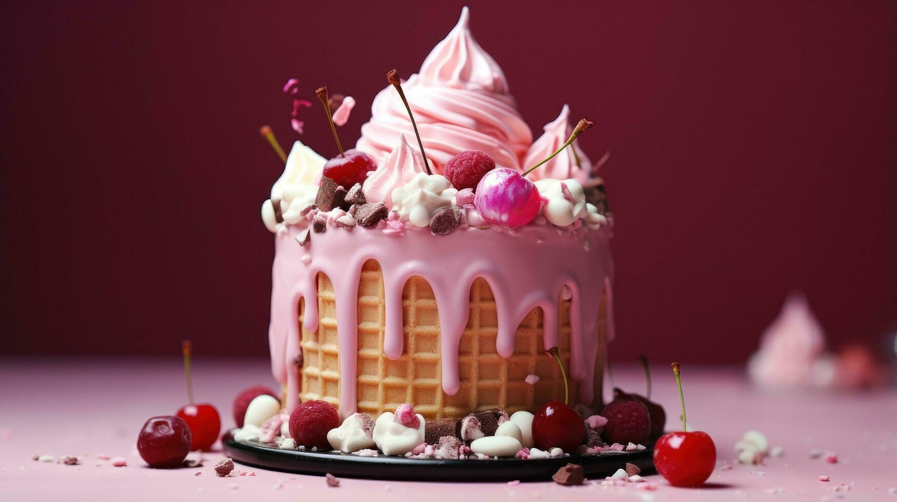 Playful ice cream cone cake with sprinkles and cherrie photo