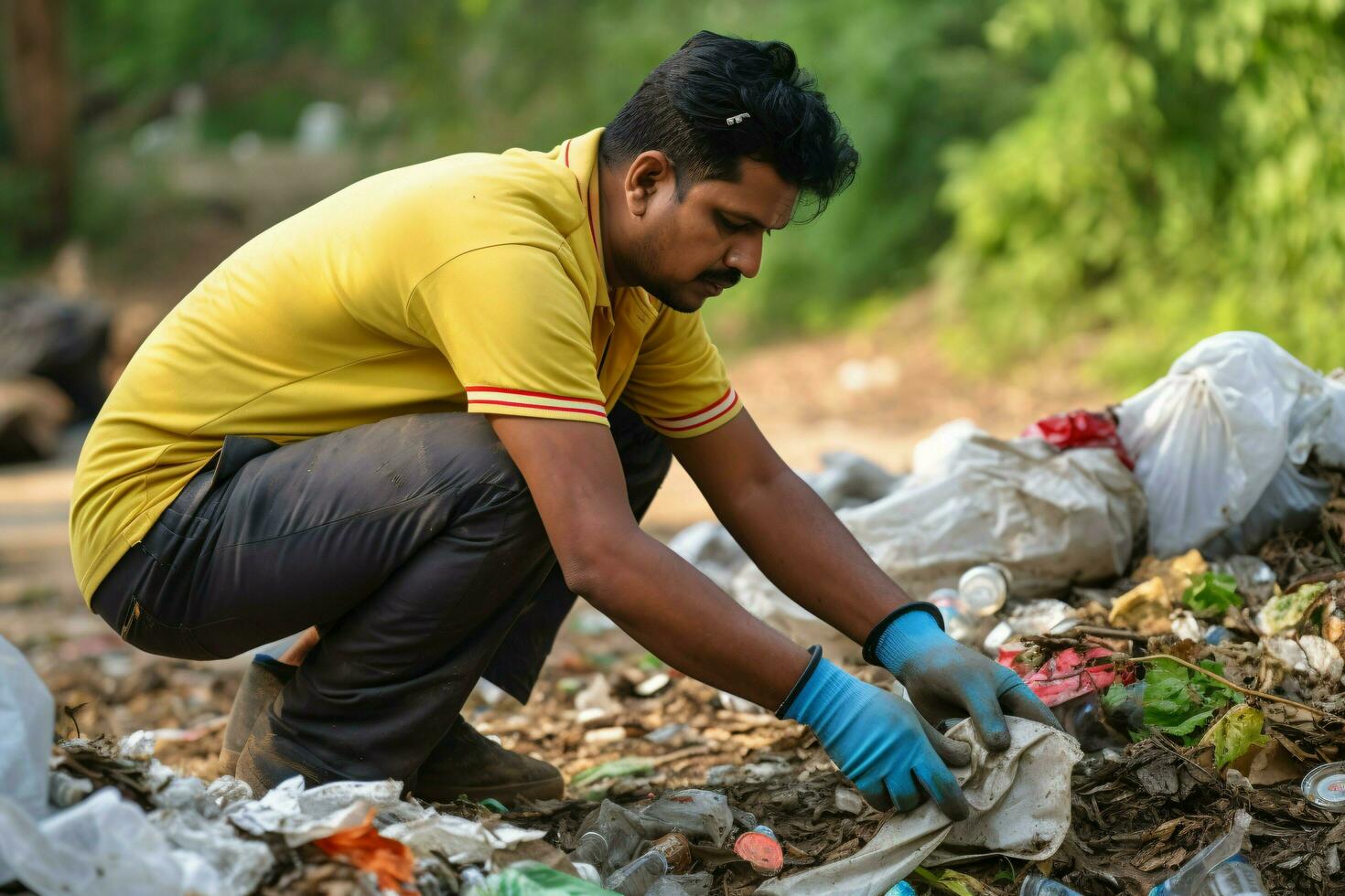 un hombre es limpieza arriba basura foto