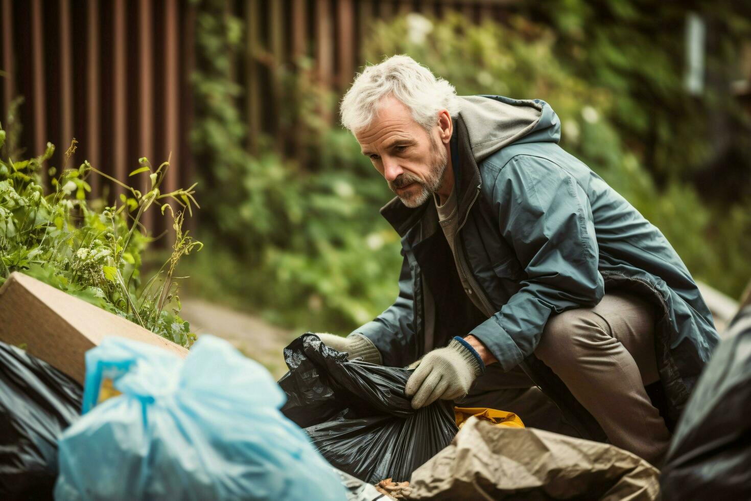 a man is cleaning up rubbish photo