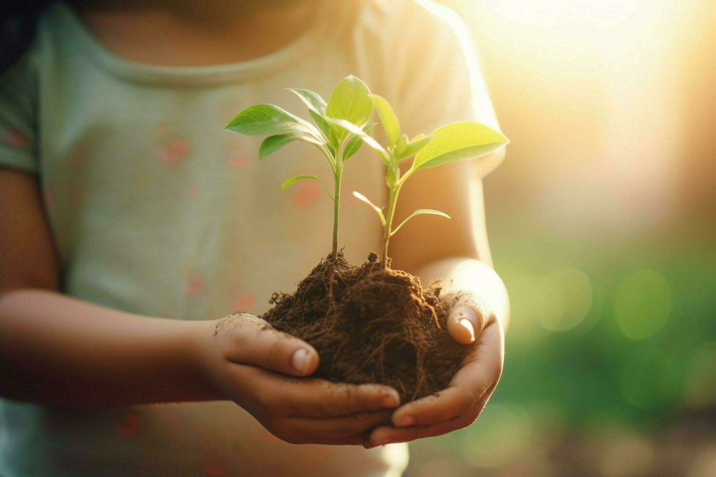 AI Generated hand children holding young plant with sunlight on green nature background. concept eco earth day photo